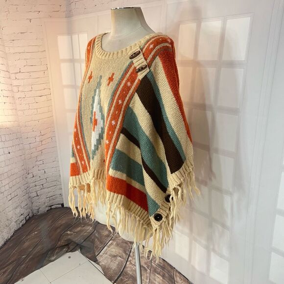 Mantos Eternity Multicolor Southwest Vibe Fringe Sweater Poncho One Size - Picture 3 of 8